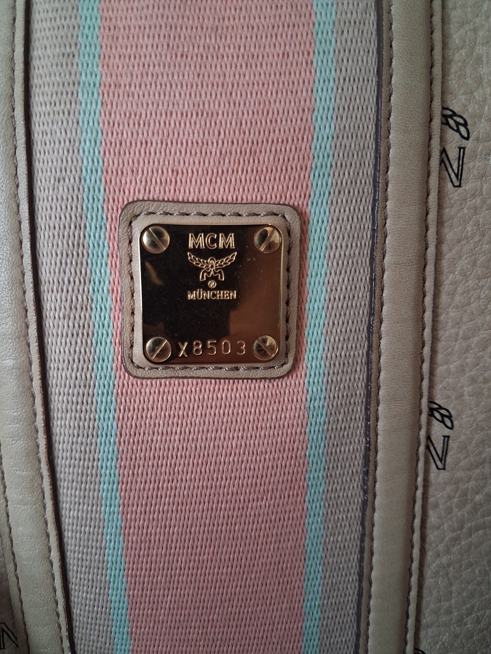 MCM Beige Canvas Tote with Pink and Mint Stripe - Picture 2 of 5